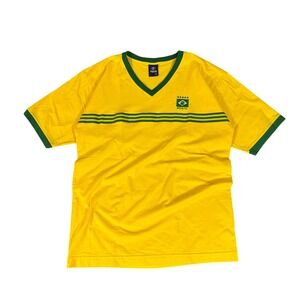 Vintage Brazil Soccer Flag V-Neck T-Shirt Yellow Green Men's Size M